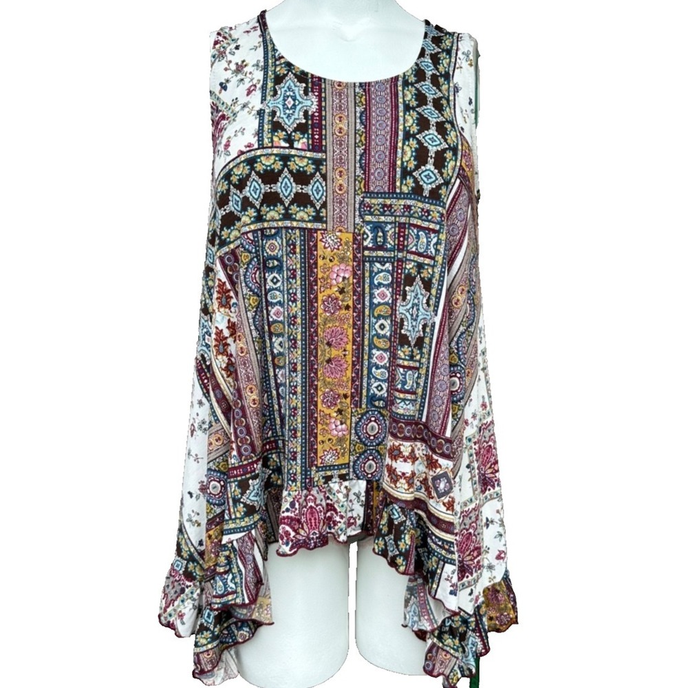 Paisley Patchwork Top Womens M Sleeveless Ruffle Hem Boho Peasant Festival Tank